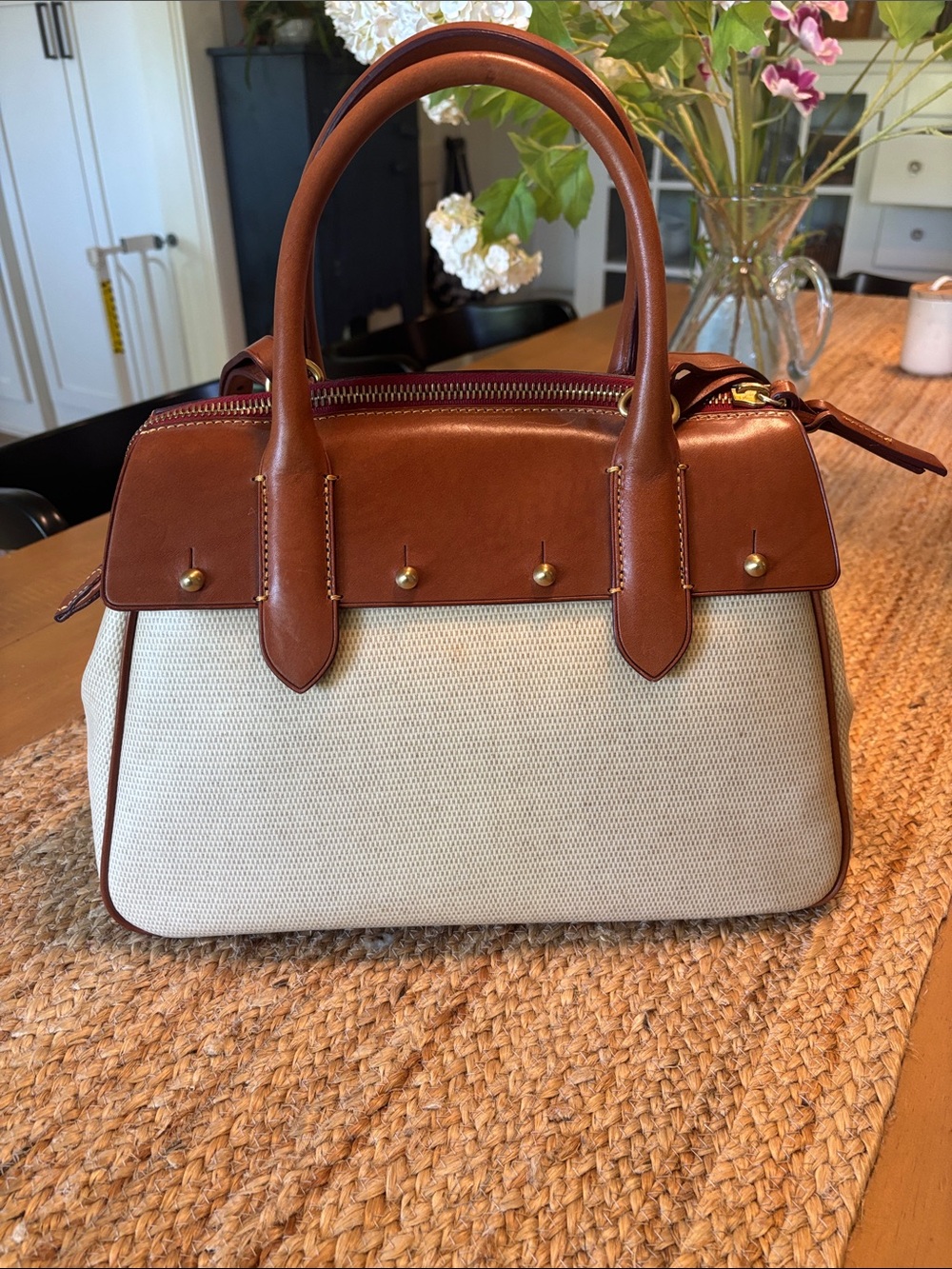 Dooney & Bourke Brown Leather & Cream Canvas Satchel with Adjustable Strap - Picture 3 of 11